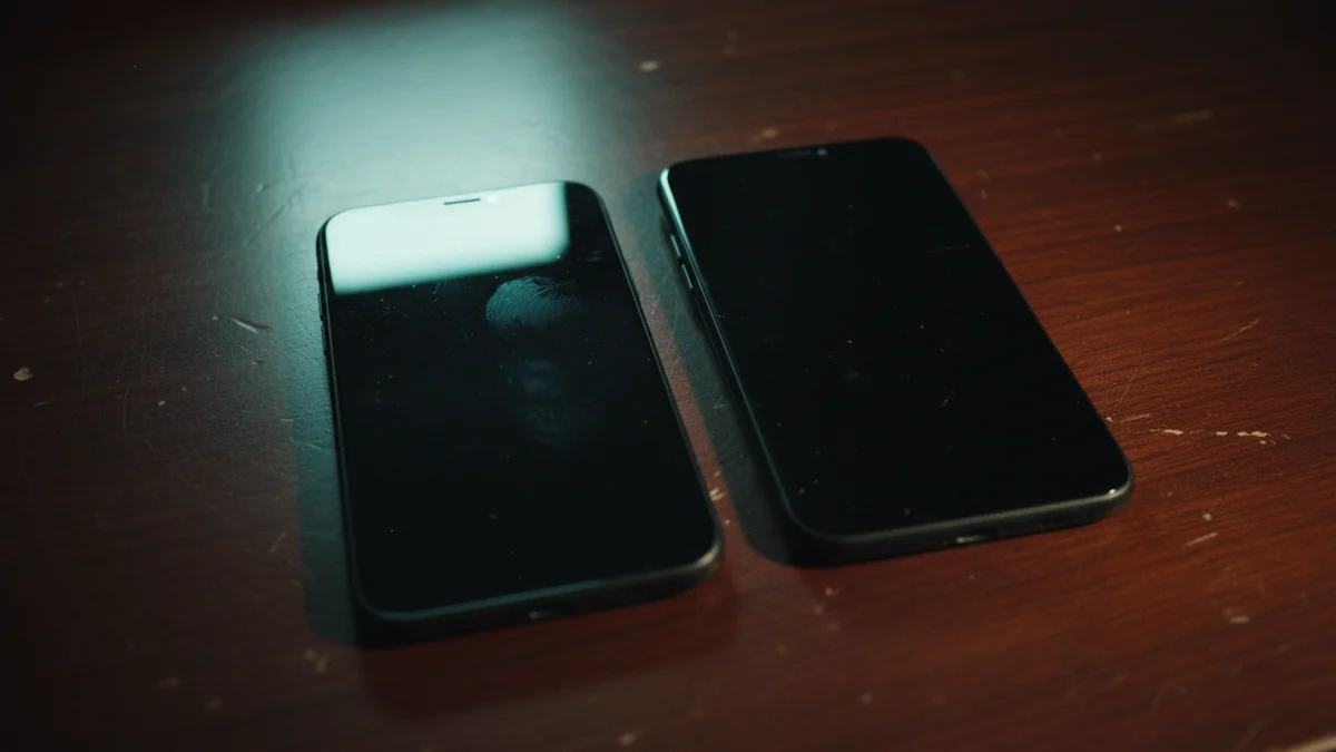 Dois celulares com a tela apagada lado a lado sobre mesa de madeira escura