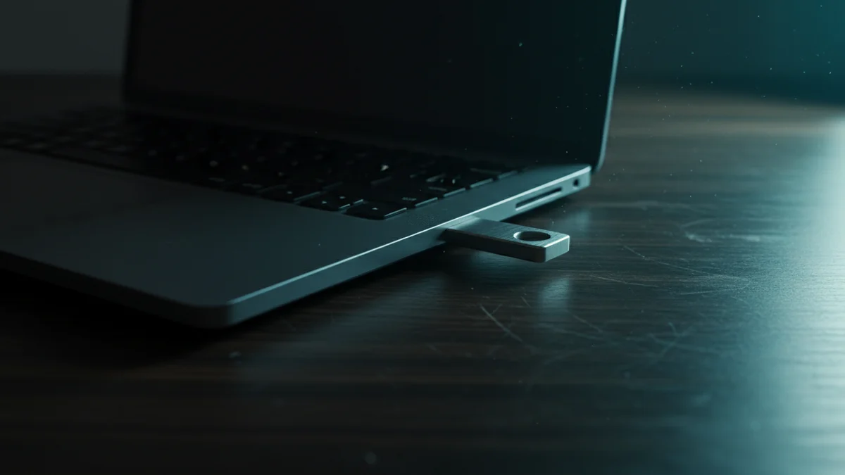 Chave de segurança USB conectada na lateral de um notebook escuro sob luz ciano