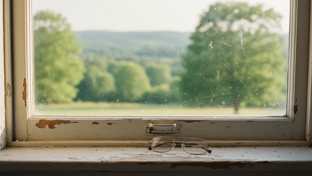 Janela com vista distante de árvores e óculos de leitura no parapeito