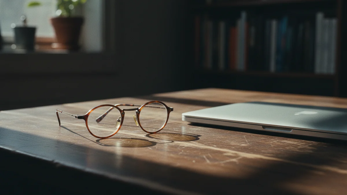 Óculos de leitura dobrados ao lado de um notebook fechado sobre mesa de madeira