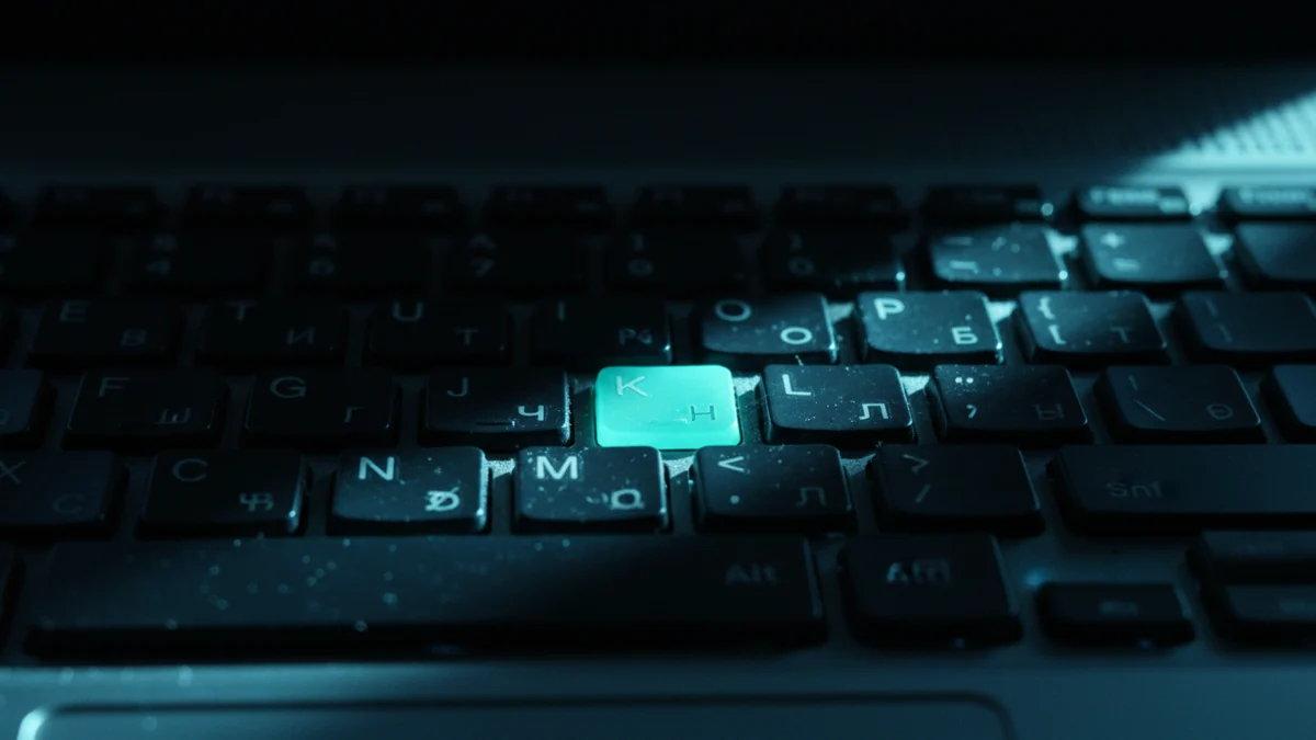 Teclado de notebook no escuro com uma única tecla iluminada por luz ciano
