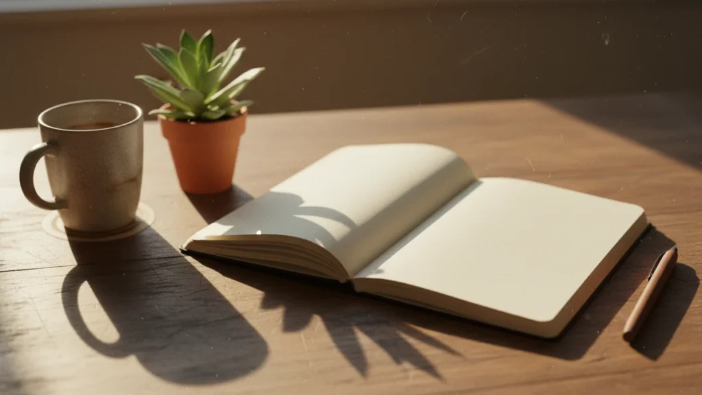 Caderno em branco, caneta, xícara e uma pequena planta sobre mesa de madeira