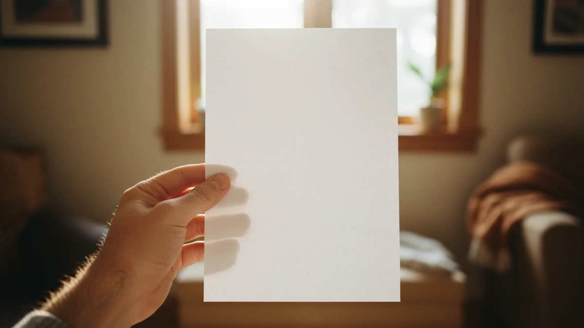 Mão segurando uma folha de papel em branco contra a luz da janela