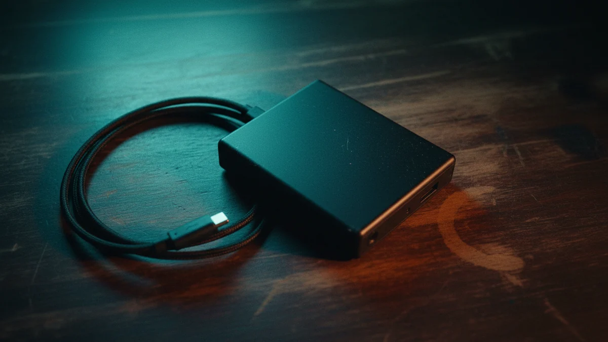 HD externo preto com o cabo USB enrolado ao lado sobre mesa de madeira escura