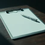 Prancheta de metal com folha em branco e caneta sobre mesa de madeira escura