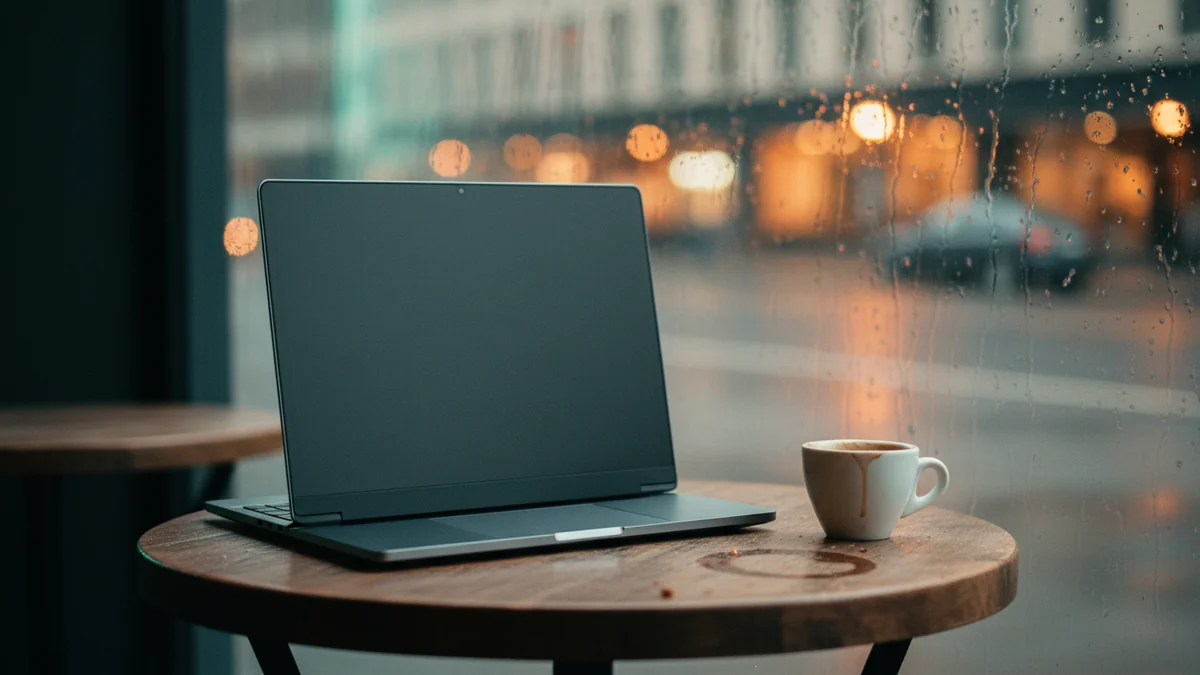 Notebook aberto sobre mesa redonda de cafeteria com janela chuvosa ao fundo