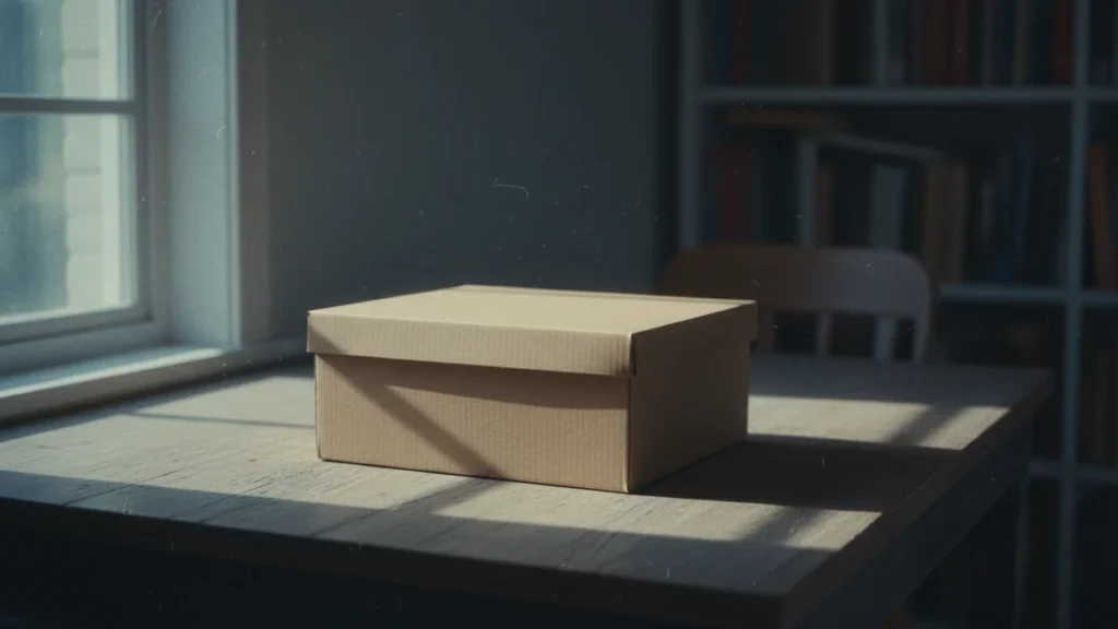 Caixa de arquivo de papelão fechada sobre mesa de madeira à luz da janela