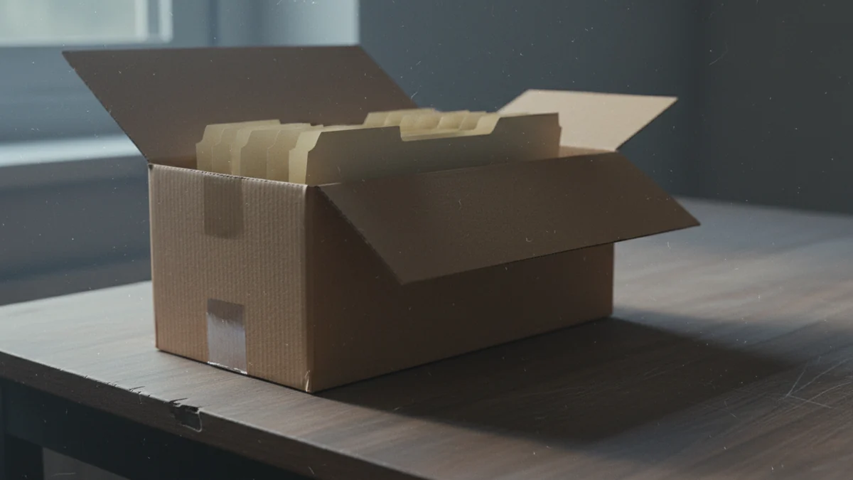 Caixa de arquivo de papelão aberta com pastas em branco sobre mesa de madeira