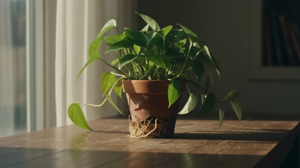 Planta que cresceu além do vaso de barro sobre mesa de madeira à luz da janela