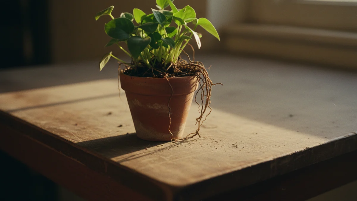 Planta que cresceu além do vaso pequeno de barro sobre mesa de madeira