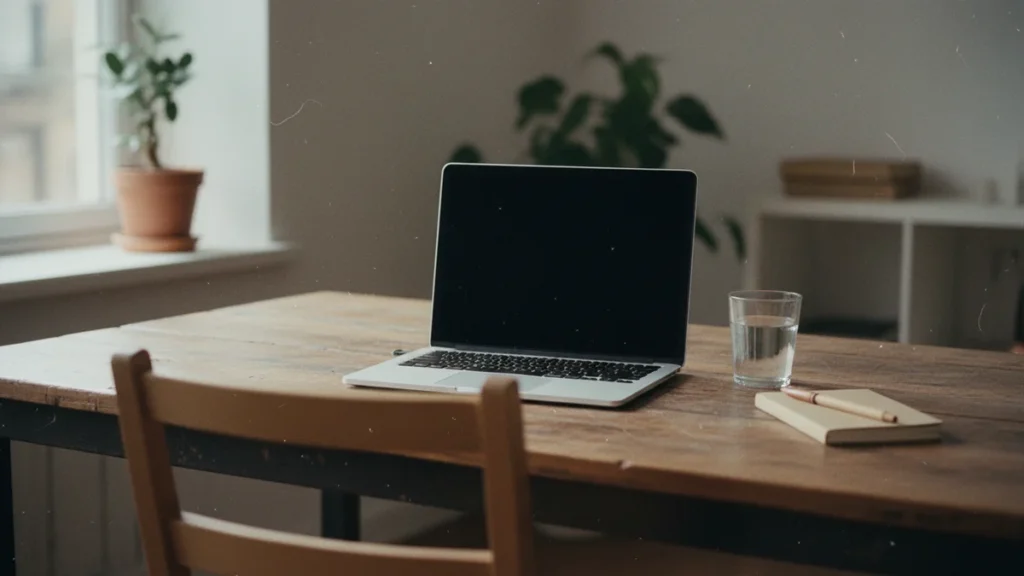 Mesa preparada para videochamada com notebook, copo de água e caderno diante de uma cadeira vazia