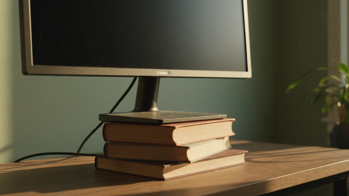 Monitor elevado sobre uma pilha de livros para alcançar a altura dos olhos