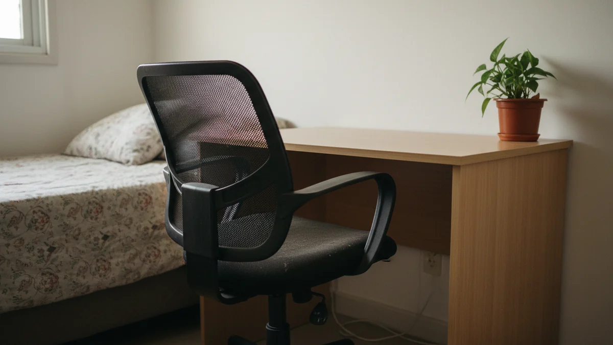 Cadeira de escritório encaixada em escrivaninha compacta no canto de um quarto