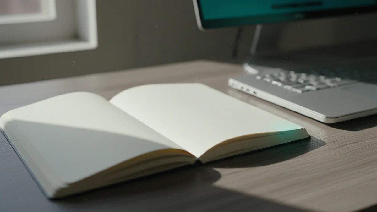 Caderno aberto com páginas em branco ao lado de um notebook fechado sobre a mesa
