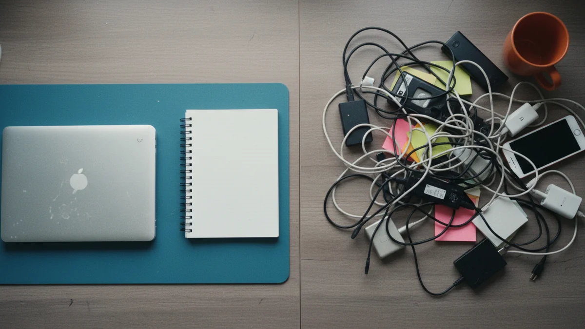 Mesa de trabalho vista de cima, dividida entre um lado minimalista com notebook fechado e outro lado cheio de dispositivos, anotações e cabos