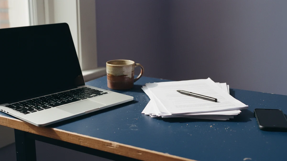 Mesa de trabalho de freelancer durante o dia, com notebook, caneca e pilha de folhas