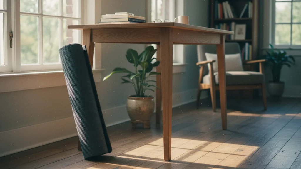 Tapete de exercício enrolado encostado na perna de uma mesa em home office