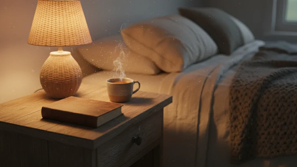 Abajur de luz quente e um livro fechado sobre criado-mudo ao lado da cama