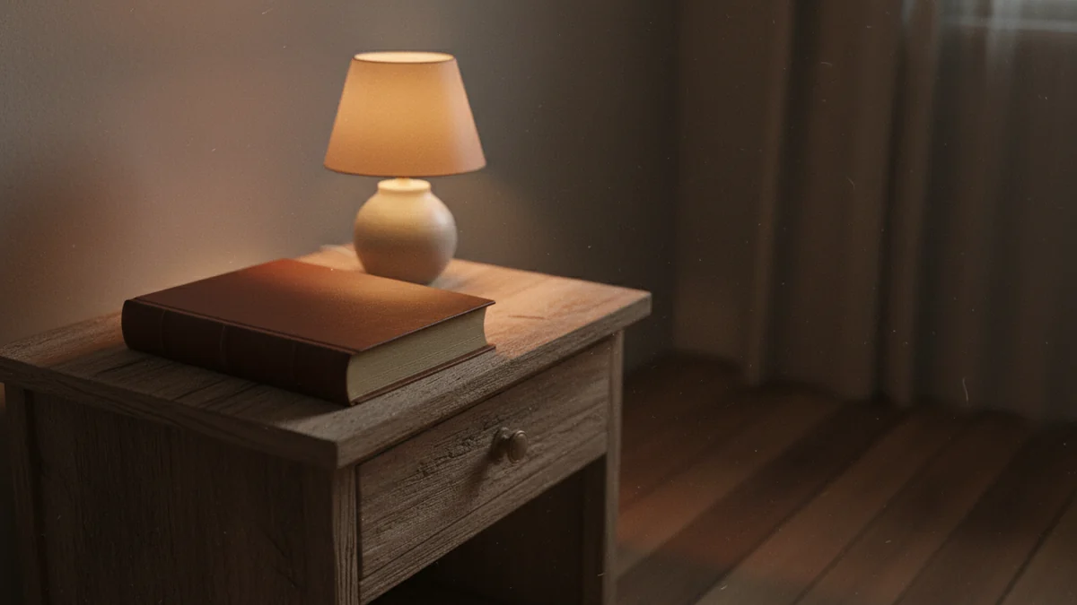 Livro fechado sobre criado-mudo ao lado de um abajur de luz quente à noite