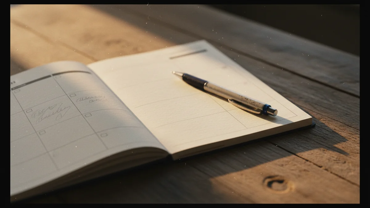 Planner semanal de papel aberto sobre mesa de madeira, com caneta apoiada e luz da manhã entrando pela janela