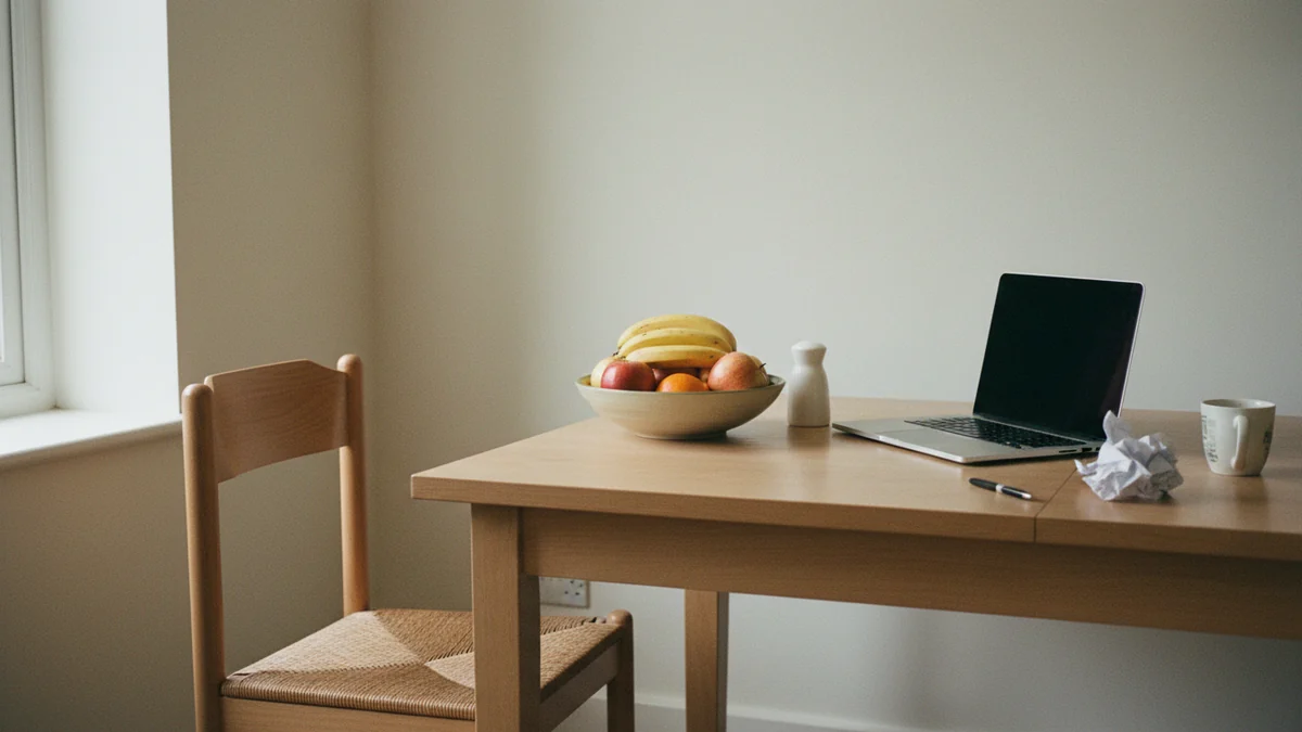 Mesa de cozinha usada como espaço de trabalho improvisado, com notebook ao lado da fruteira