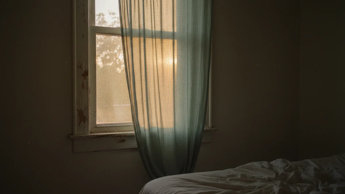 Janela de quarto com cortina meio fechada ao entardecer, ambiente em penumbra