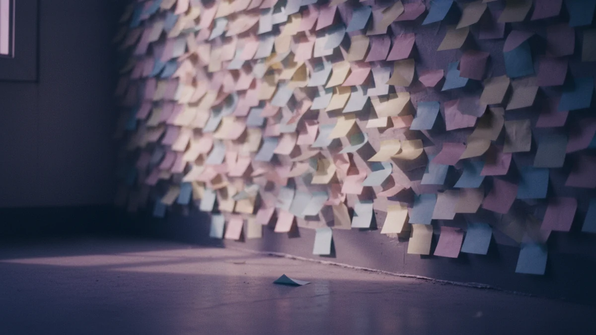 Parede coberta de post-its em branco organizados em colunas para planejamento