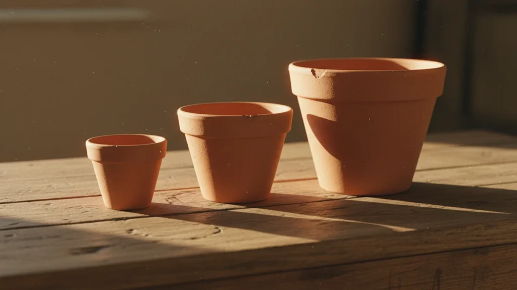 Três vasos de barro de tamanhos crescentes em fila sobre mesa de madeira