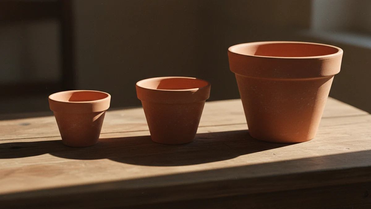 Três vasos de barro de tamanhos crescentes em fila sobre mesa de madeira