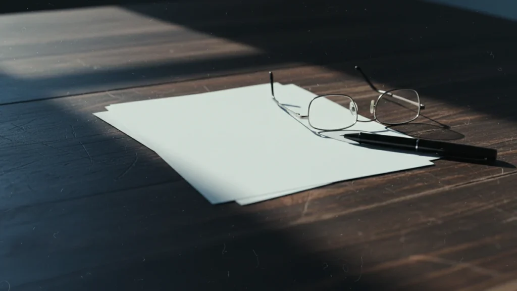 Folha de papel em branco com caneta e óculos sobre mesa de madeira escura