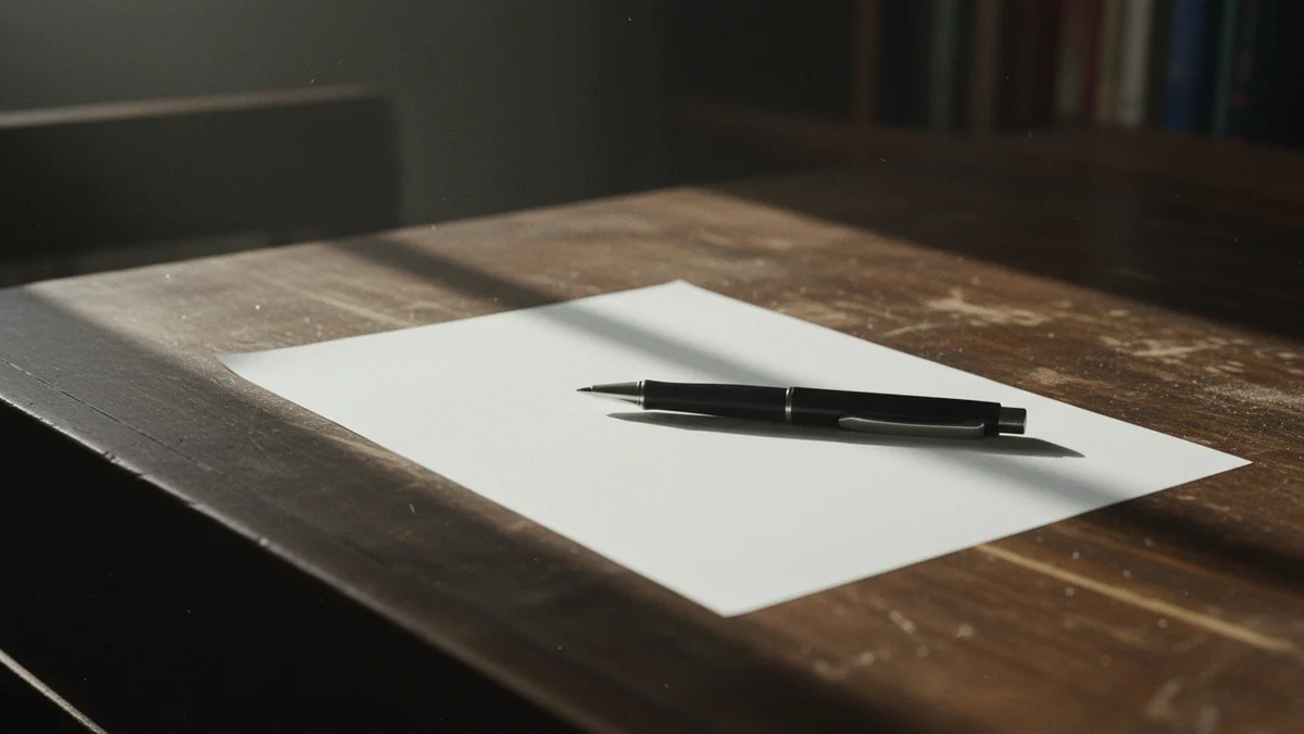 Folha de papel em branco com uma caneta sobre mesa escura de madeira