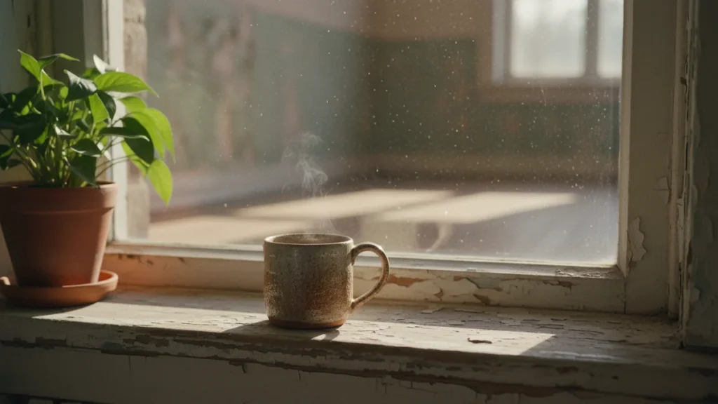 Xícara de café sobre o parapeito de uma janela com luz da manhã e uma planta ao lado