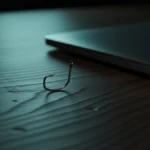 Anzol de metal sobre mesa escura ao lado da tampa fechada de um notebook