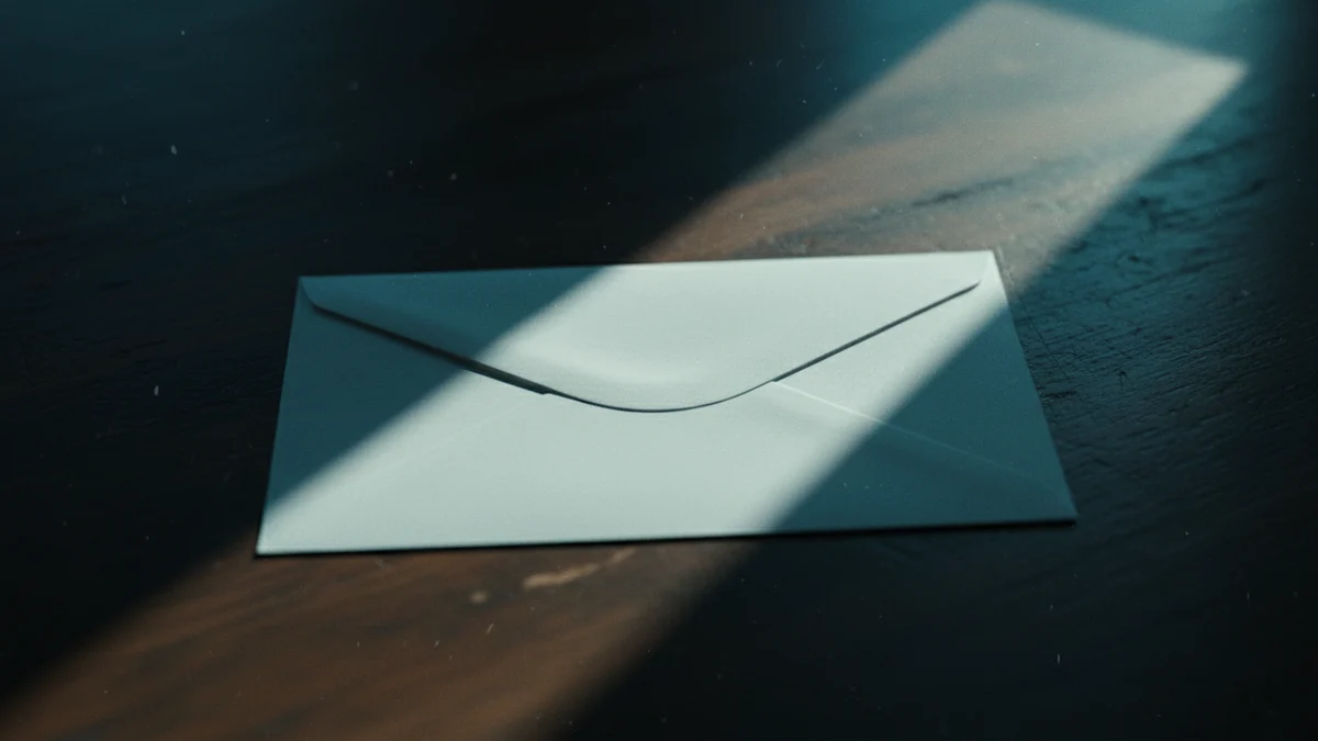 Envelope branco fechado sobre mesa escura sob um feixe estreito de luz fria
