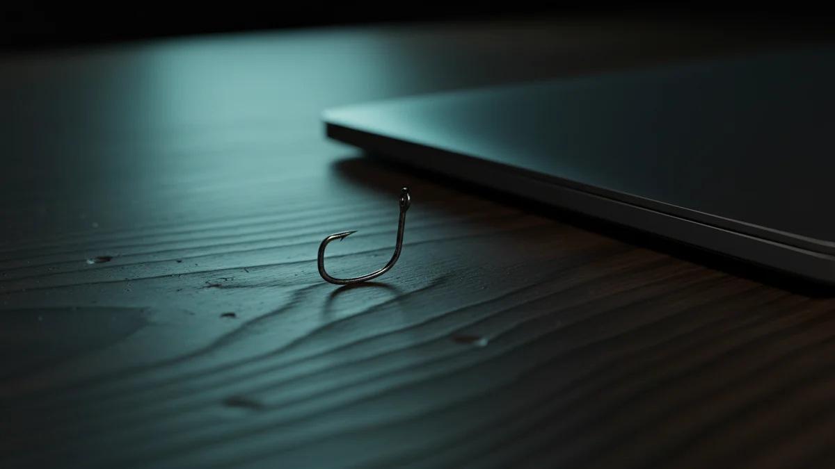 Anzol de metal sobre mesa escura ao lado da tampa fechada de um notebook