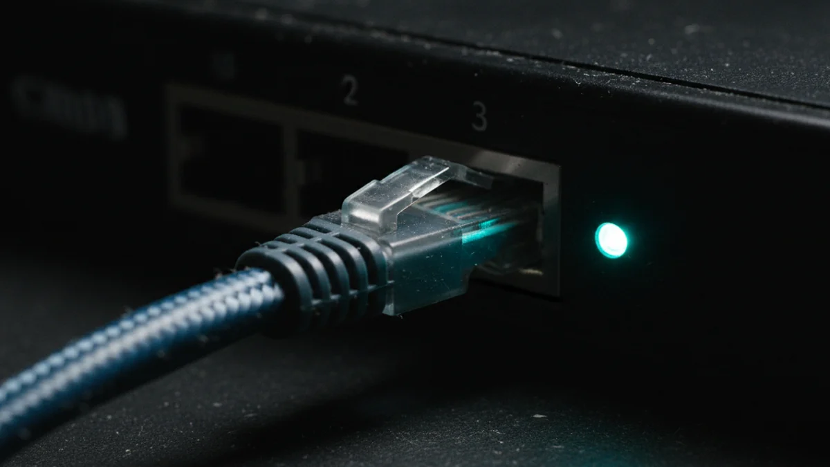 Conector de cabo de rede sendo encaixado na porta, em detalhe macro