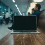 Notebook aberto sobre banco de sala de embarque com pessoas desfocadas ao fundo
