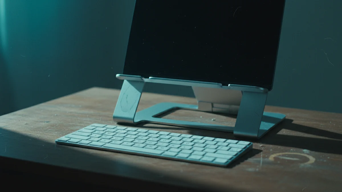 Notebook elevado em suporte de alumínio com teclado externo à frente sobre mesa de madeira