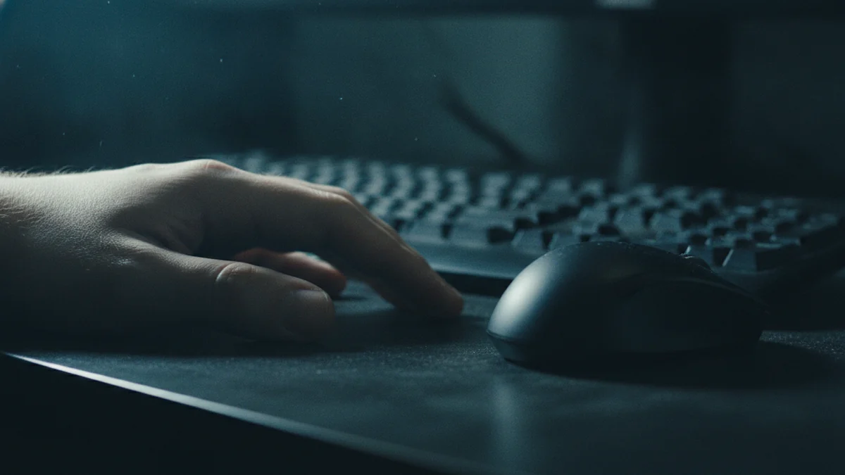 Mãos sobre um teclado escuro com as teclas sem marcação sob luz fria
