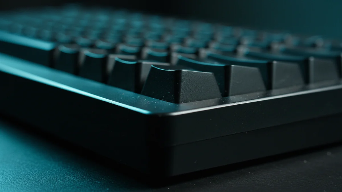 Close lateral da borda de um teclado mecânico escuro sob luz fria