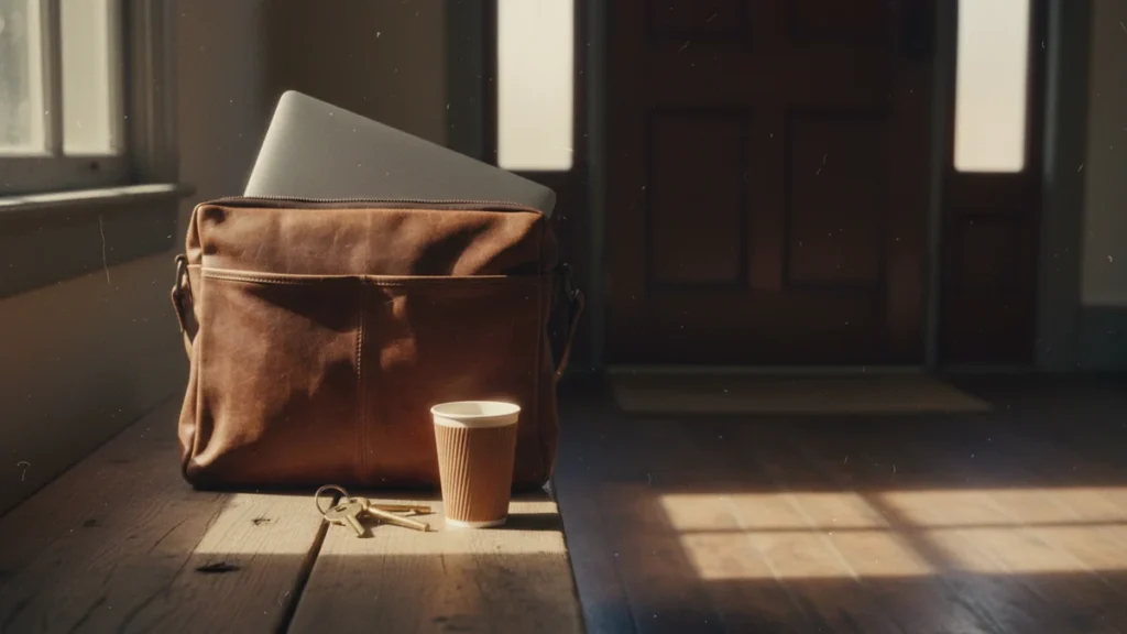 Mochila com notebook, chaves e copo de café sobre banco de madeira ao lado da porta