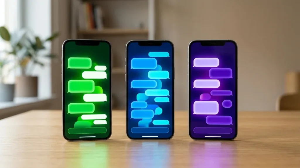 Três celulares lado a lado com assistentes de inteligência artificial de cores diferentes