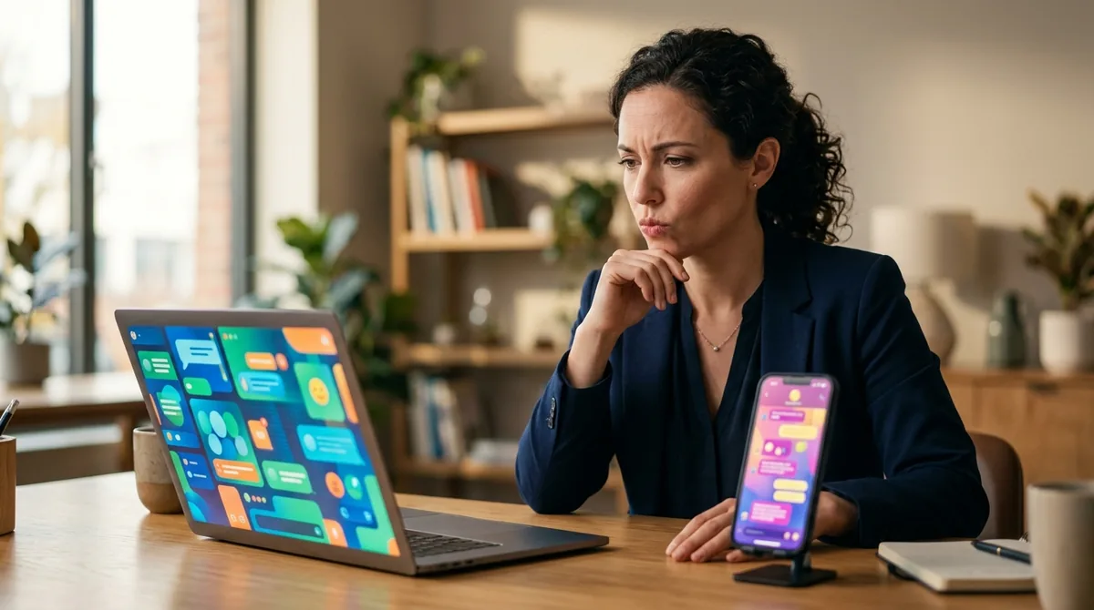 Profissional decidindo entre usar o assistente de IA no laptop ou no celular