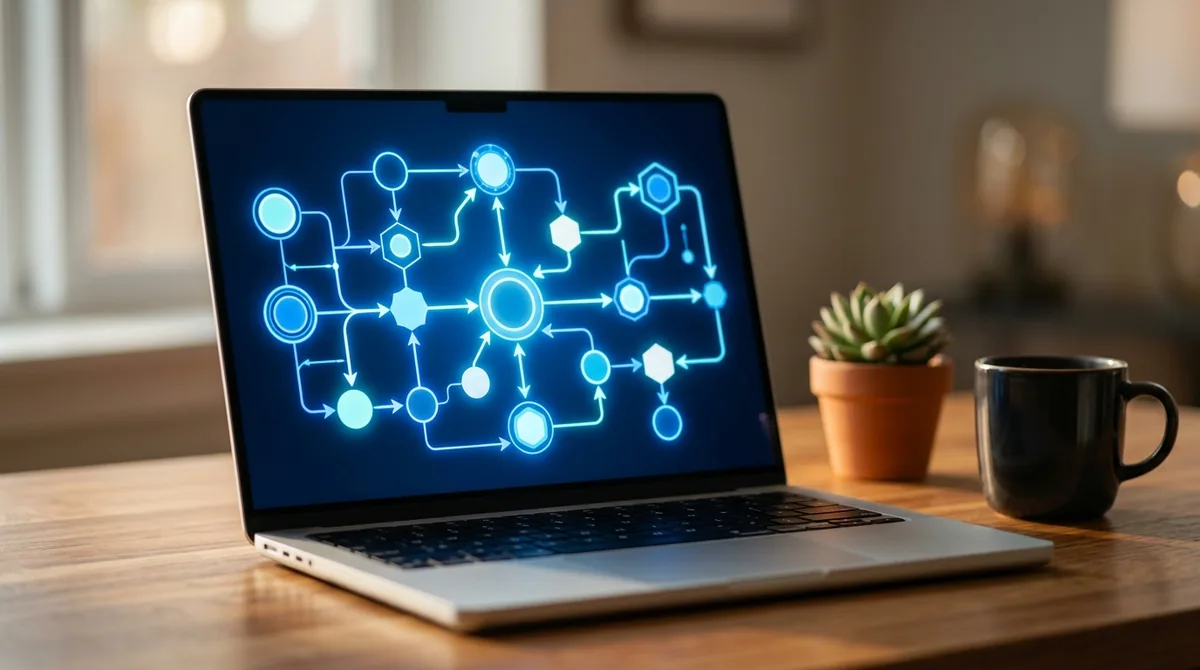 Laptop exibindo um fluxo automatizado de tarefas conectadas feito com inteligência artificial
