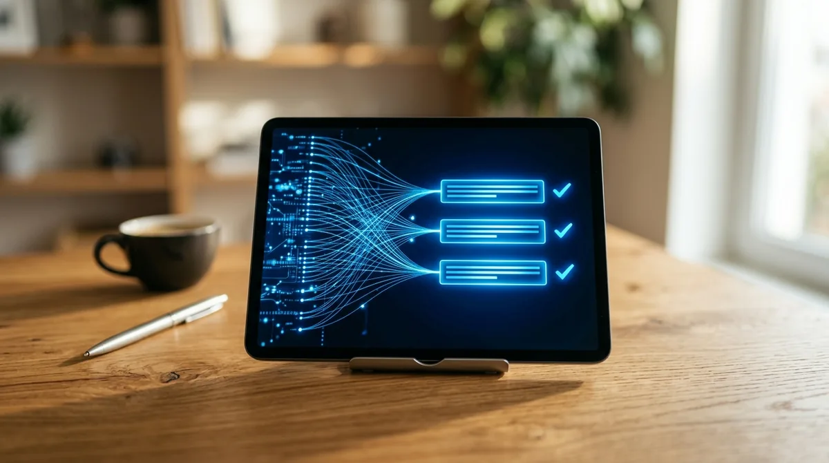 Tablet mostrando um documento longo sendo resumido pela IA em poucos pontos