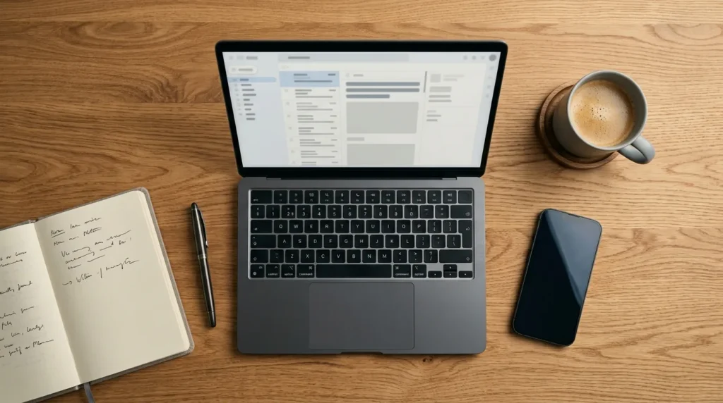 Laptop mostrando painel de configuração de domínio sobre mesa de madeira com café e caderno