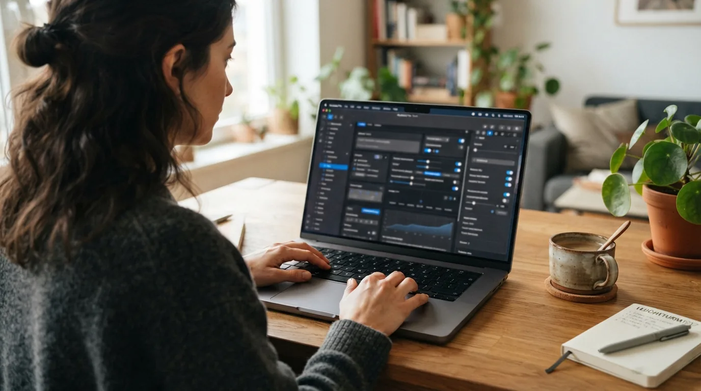 Pessoa configurando as opções de um site no laptop em home office iluminado