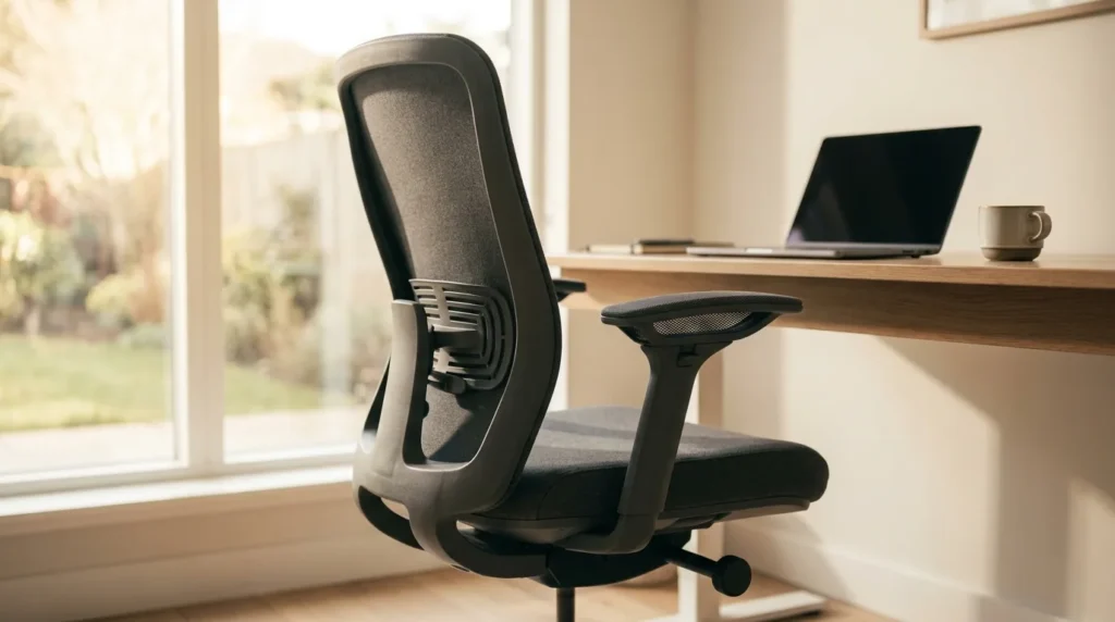 Cadeira ergonômica de escritório com apoio lombar e braços ajustáveis ao lado de mesa de madeira com laptop e xícara