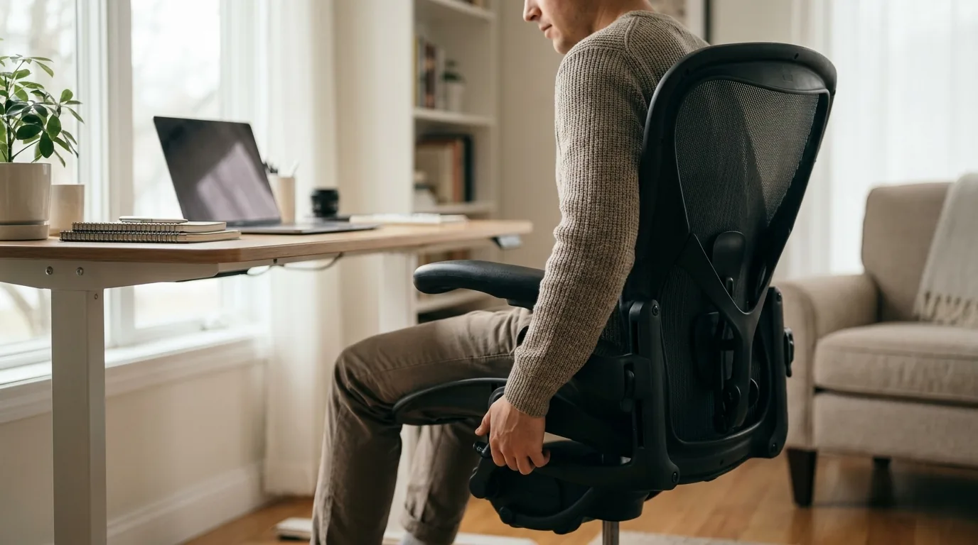 Pessoa sentada em cadeira ergonômica ajustando a alavanca de regulagem lateral em home office