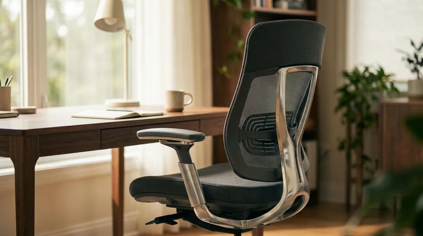 Cadeira ergonômica com encosto em tela e braços cromados diante de mesa de madeira escura em home office